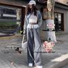 Women's Grey Polka Dot Lace Patchwork Wide-Leg High Waist Floor-Length Pants for Spring and Autumn