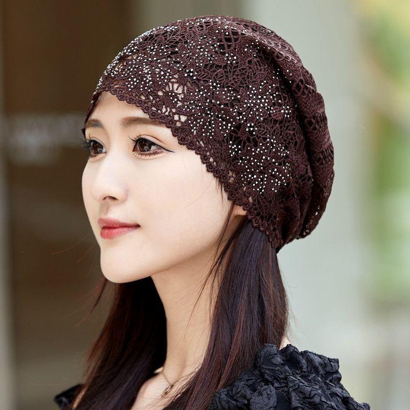 Women's Single Layer Hollow Slouchy Hat Summer Stylish Rhinestone Flower Turban Fashion Lace Pull-On Cap