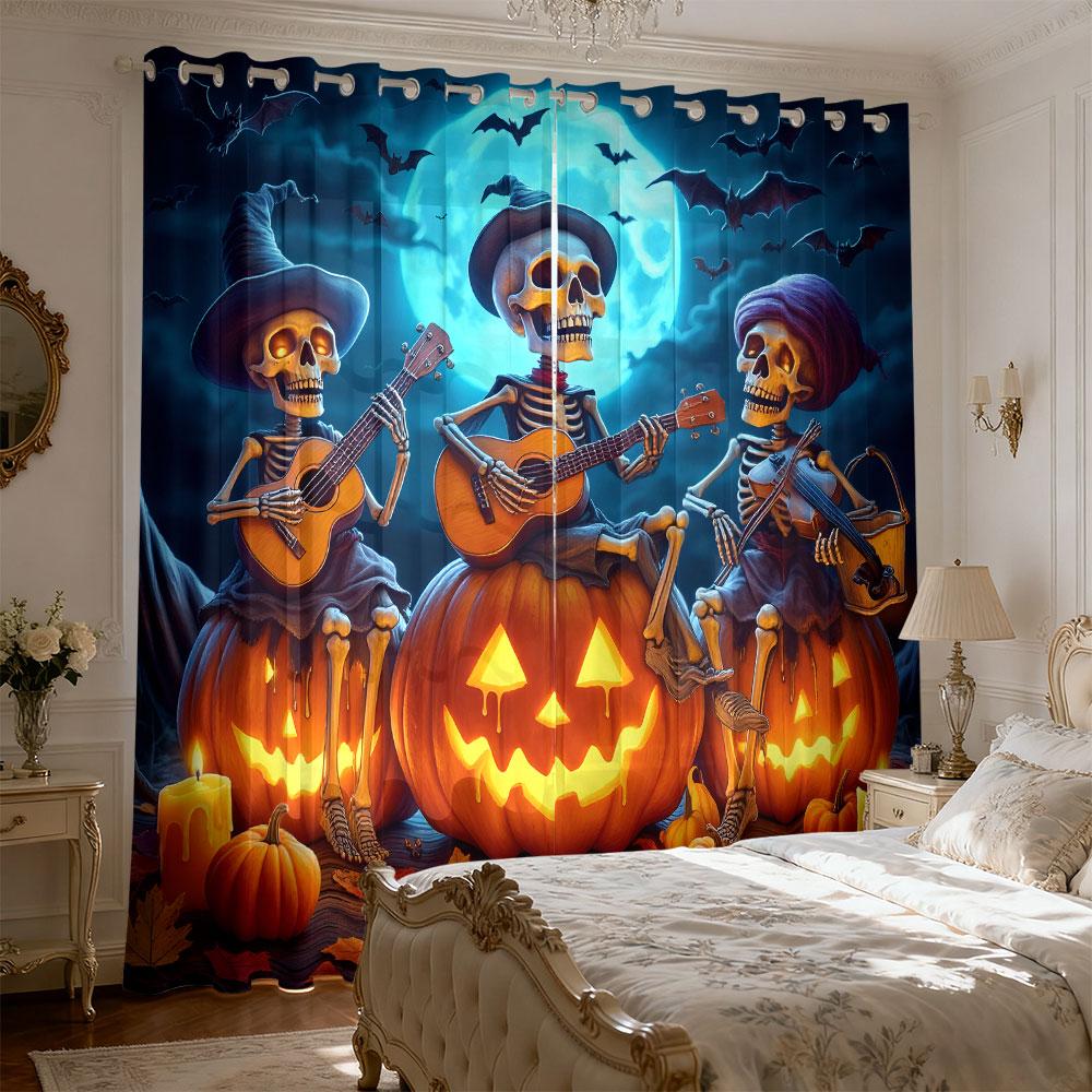2pcs Halloween Skull Band Pumpkin Moonlight Curtains for Blocking Light in Bedrooms and Home Fashion Decoration