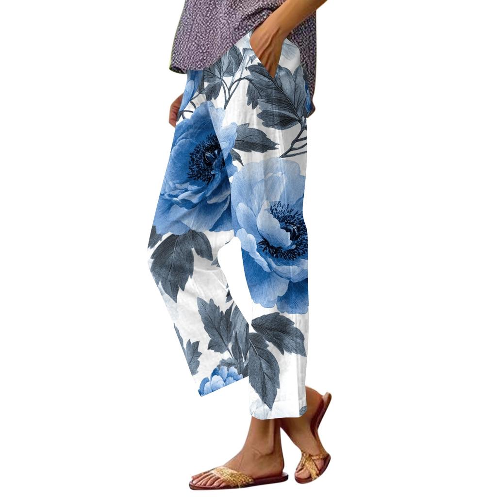 Women's Casual Drawstring Waist Pants with Elastic Waistband and Side Pockets Relaxed Fit Floral Print Lounge Trousers for Everyday Wear