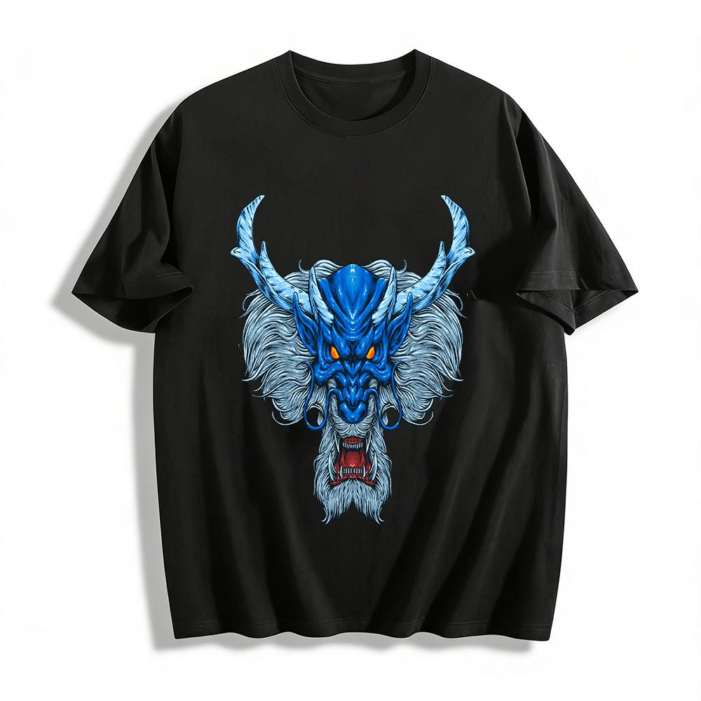 Blue Flame Beast Dragon Head Print Casual Trendy Loose T-Shirt Pure cotton T-shirt XXS