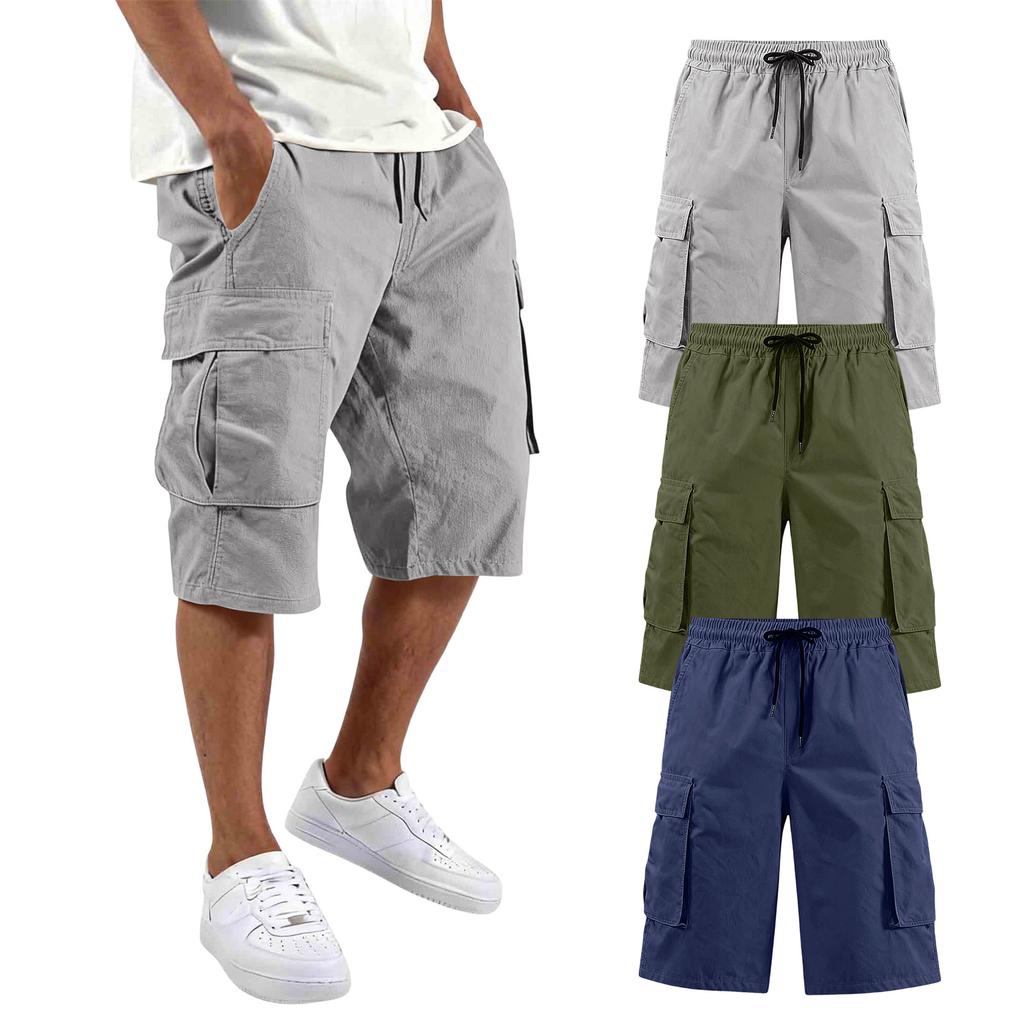 Mens Cargo Shorts 3 Pack Multi Pocket Drawstring Waist Relaxed Fit Knee Length Workwear Shorts for Daily Wear
