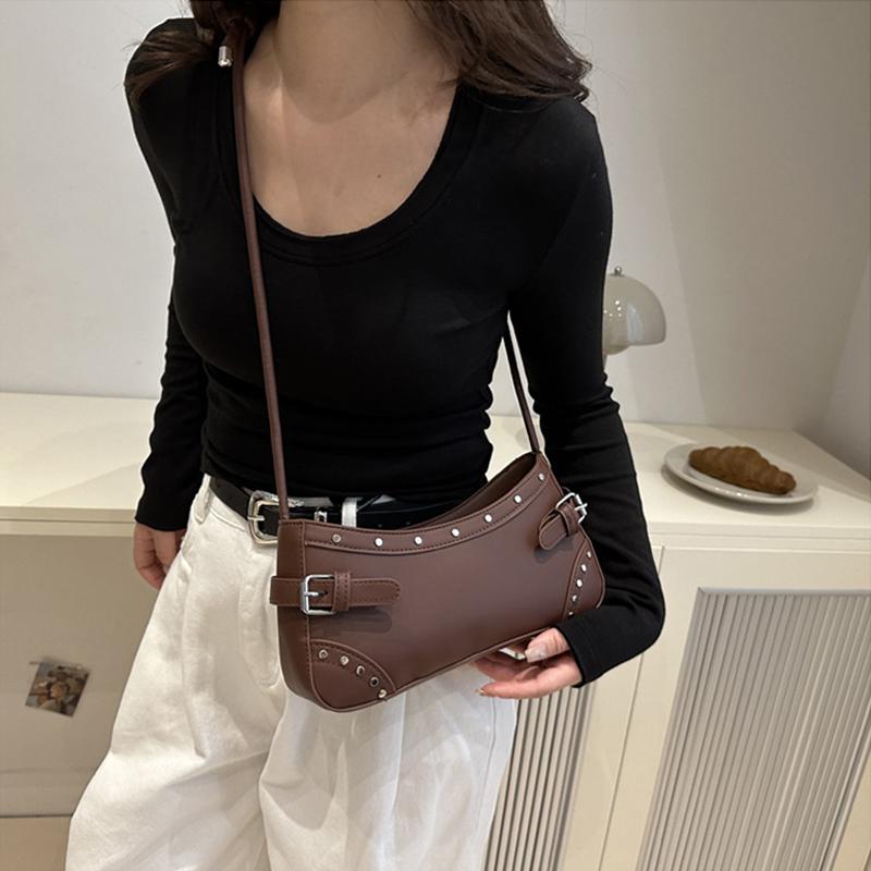 Yogodlns Retro Studded Faux Leather Shoulder Bag with Buckle Detail, Multi-Color for Daily Use Shopping Dating, Commuting and Short Trips