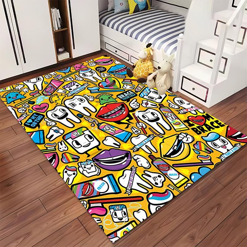 "Colorful Dental Icons with Cartoon Teeth Design. Non-slip Rug Suitable for Living Room and Bedroom Sofas."