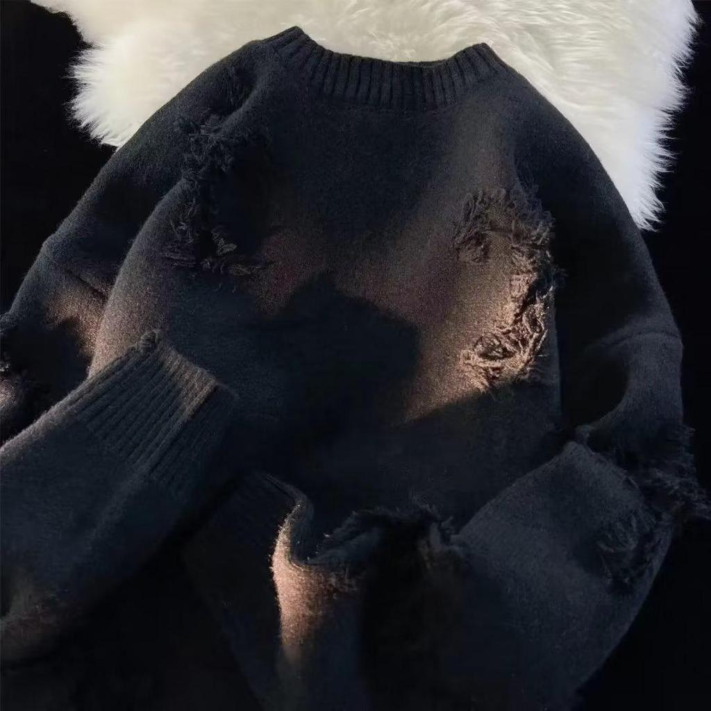 Men's Autumn/Winter Retro Ripped Knit Sweater - Round Neck, Thickened Pullover, Trendy American & Japanese Style