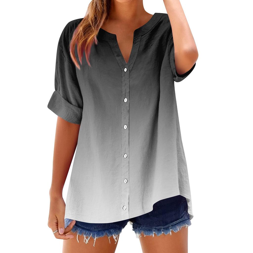 Women's loose printed stand collar short-sleeved cotton and linen top