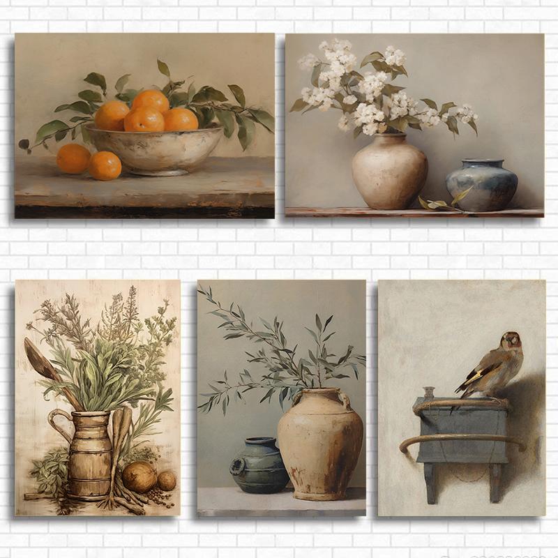 Goldfinch Oranges Light Toned Vase Plant Floral Posters and Prints Canvas Painting Wall Art Pictures Room Modern Travel Decor
