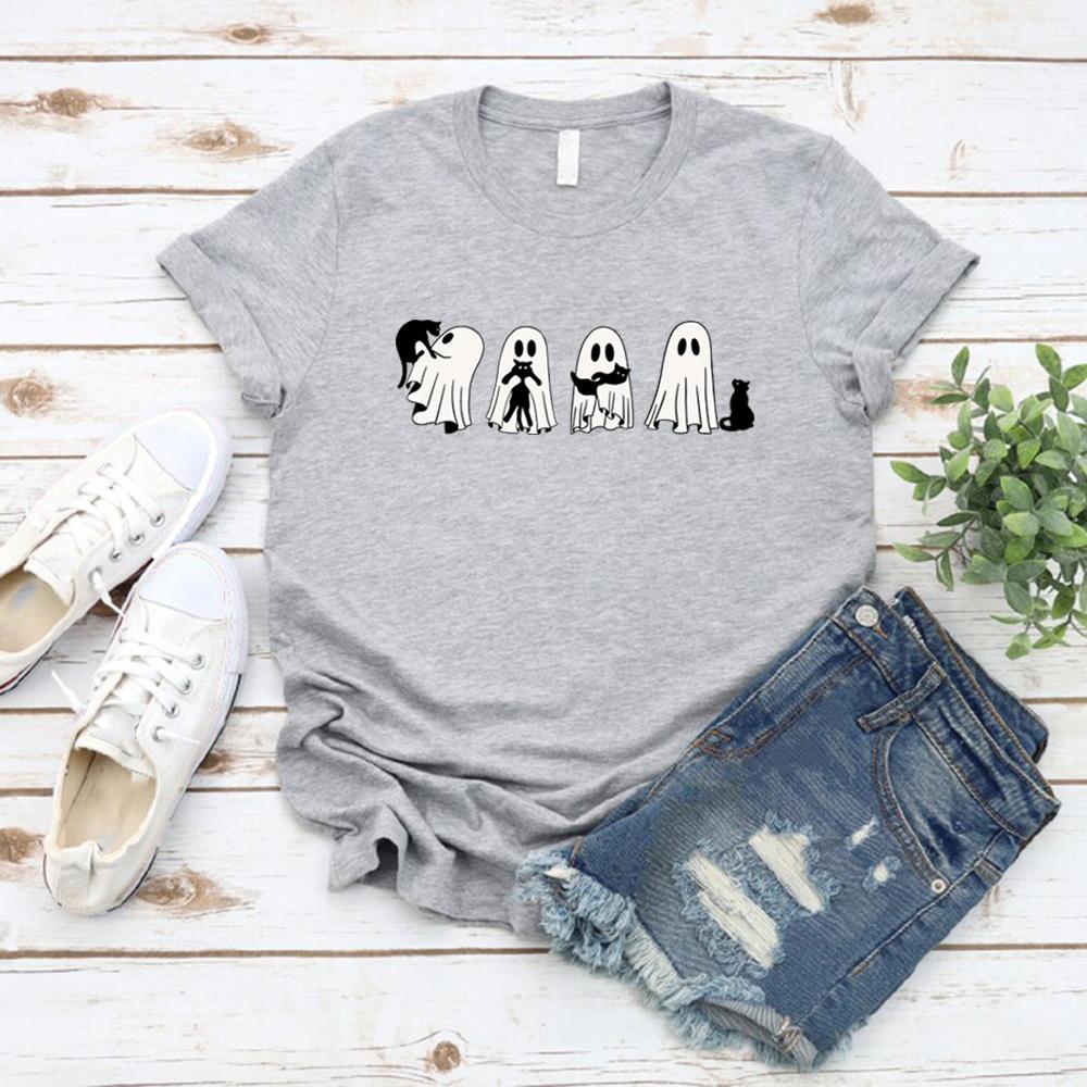 Halloween Black Cat and Ghost Tshirt Halloween Ghost Tshirt Spooky Season Cat Tee Cute Women Graphic T Shirts Halloween Gift