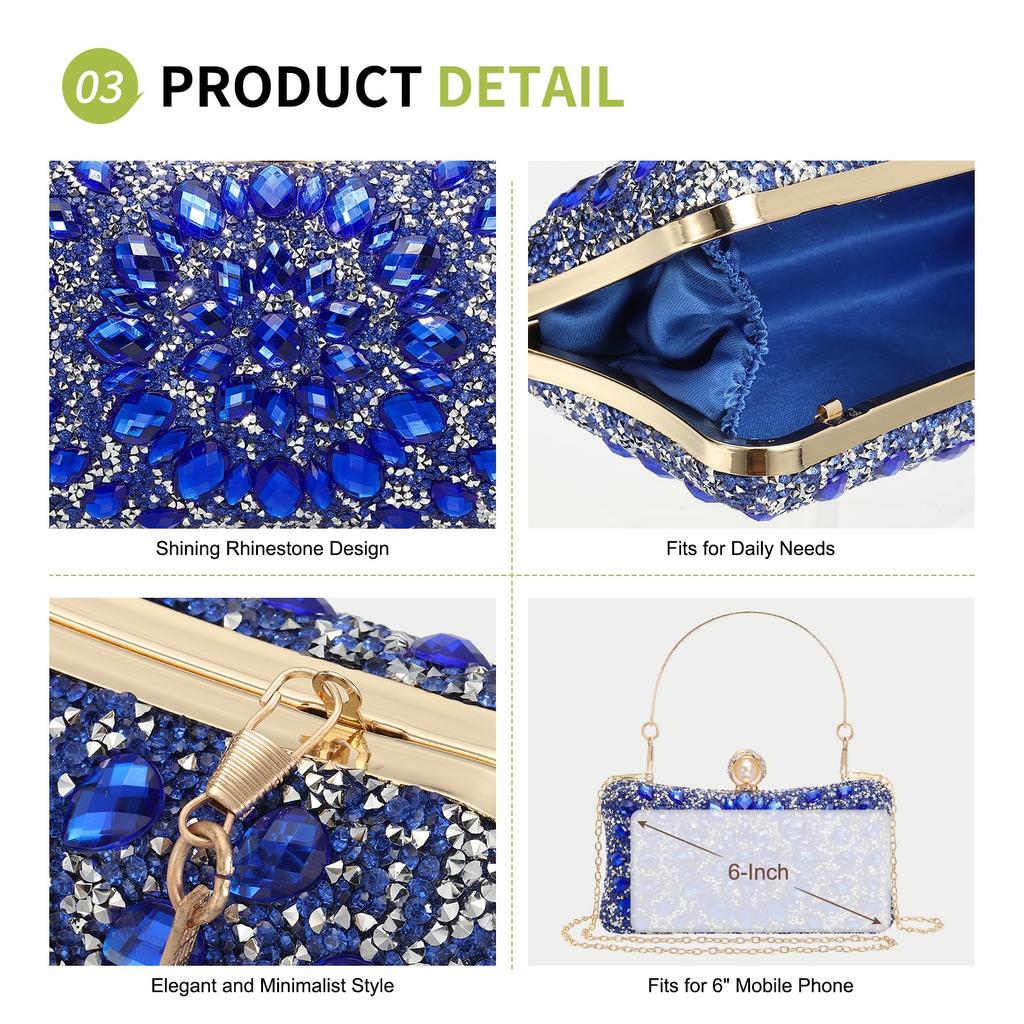 uxcell Women's Sparkling Crystal Rhinestone Evening Clutch Bag with Two Chain Straps, Blue, for Weddings, Evenings, and Weekends