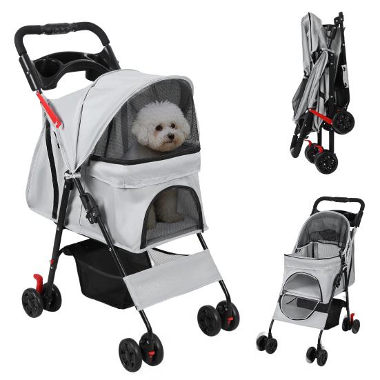 4 Wheels Pet Stroller, Foldable Cat And Dog Stroller with Mesh Windows, Cup Holder, Storage Basket, Breathable Pet Strolling Cart Holds Up To 22lbs