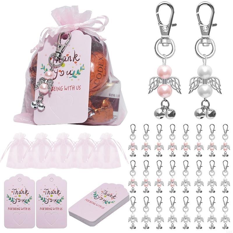 Angel Keychains with Thank You Tags Drawstring Yarn Bag Set Accessory for Baby Shower Bridal Shower Wedding Gift Package X3UC