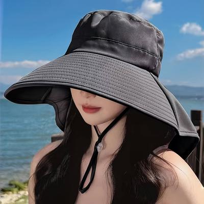 Stylový dámský klobouk typu bucket s otvorem pro culík na ochranu před sluncem - Prodyšný polyester, Nastavitelná šňůrka pro outdoorové a volnočasové oblečení