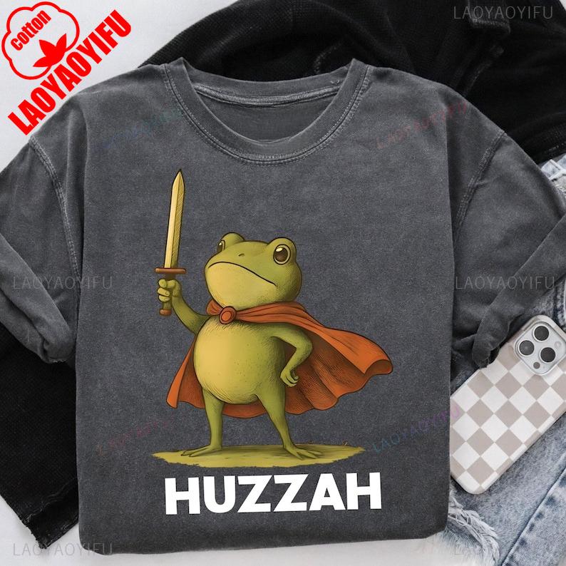 Women Shirts Popular Huzzah Frog with Sword Embroidered Medieval Funny Renaissance Faire Gift Casual Loose Tops Tee Shirt Short