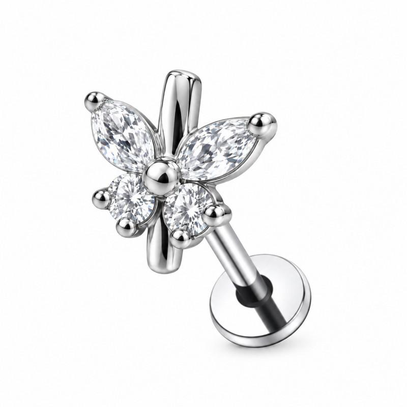 Stainless Steel Lip Ring Threaded Leaf Piercing Jewelry Micro Paved Zircon Minimalist Design