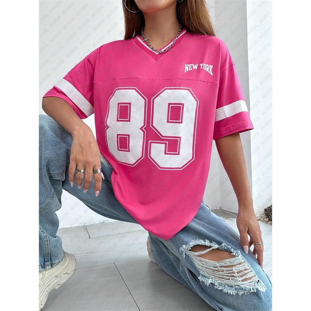 TShirt Women Striped V-Neck Tee Summer Oversized Harajuku Trend Short