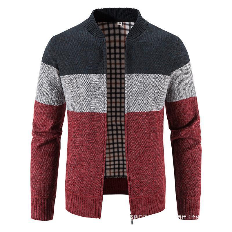 Autumn and Winter Men's Fleece Cardigan Sweater Stand Collar Zipper Knit Jacket Top