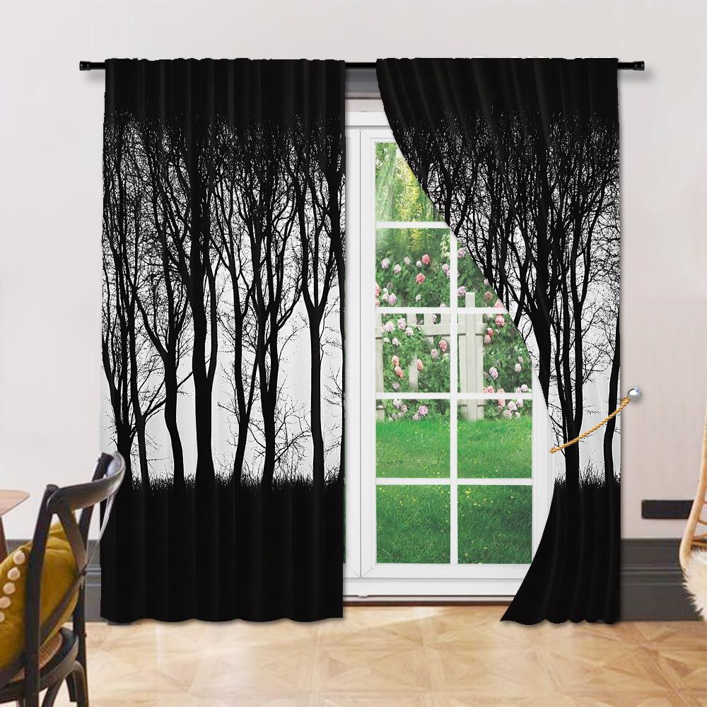 Set aus 2 mysteriösen Schwarzwald-Kiefer-Fenstervorhängen Dunkle Gothic-Vorhänge Schlafzimmer Wohnzimmer Esszimmer Vorhang mit Stangentasche Polyester Ideal für