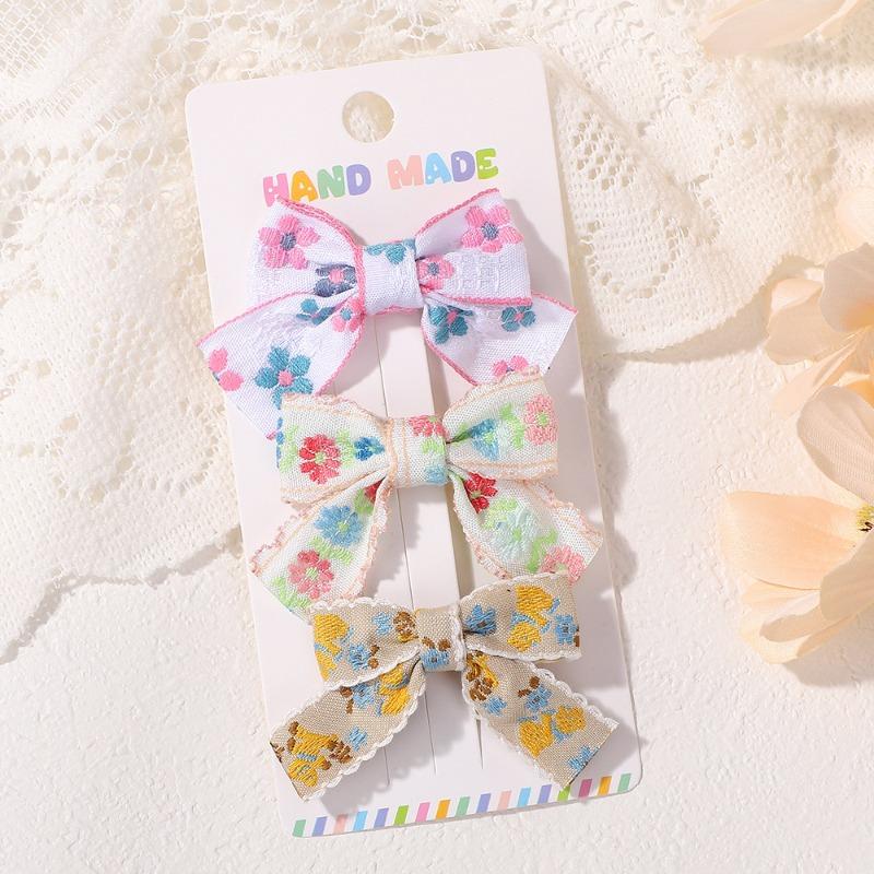 3pcs Handmade Floral Bow Hair Clip Set, Korean Girls' Side Clip, Children's Cute Fabric Hair Clip Hair Accessories for Women