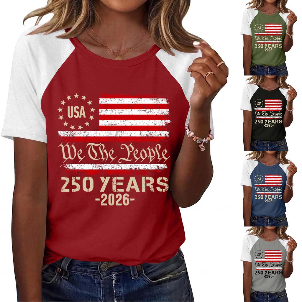 Women's Casual Short Sleeve Raglan Sleeve Crew Neck Graphic Tee Shirt with Vintage Style Patriotic Print for Everyday Wear