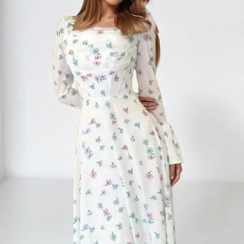 New Women's Elegant and Fashionable Printed Flared Sleeve Slim Dress
