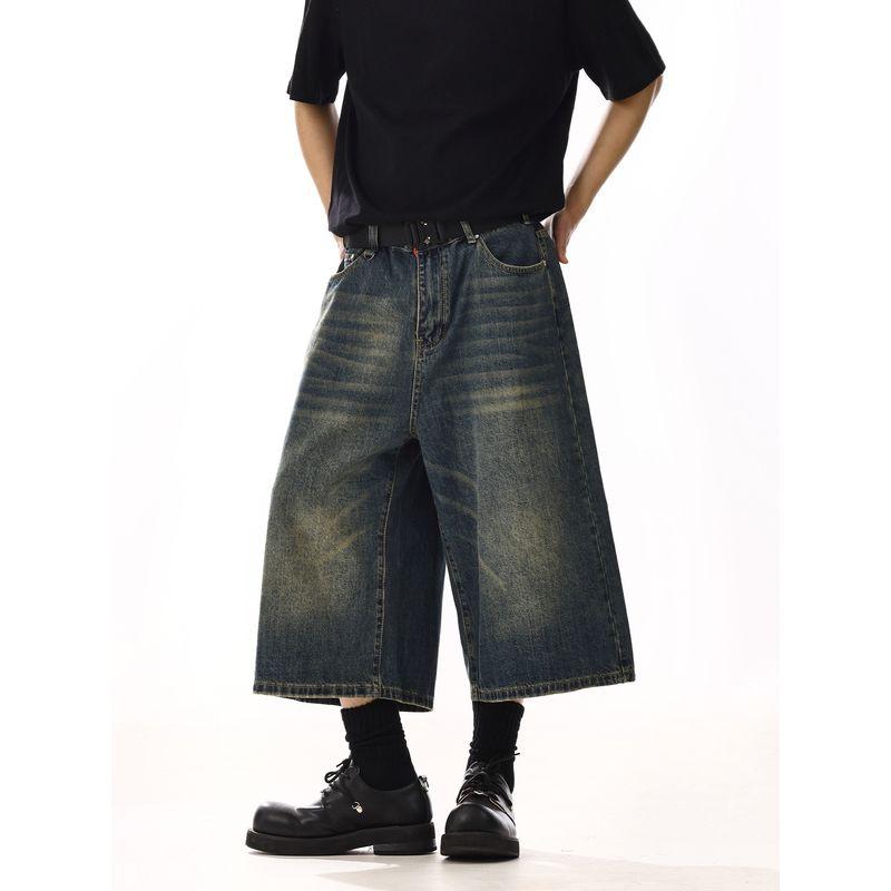 American Retro Denim Cropped Pants Male and Female Trendy Brand Washed Fancy Loose Easiest for Match Casual Wide-Leg Denim Shorts Denim Shorts