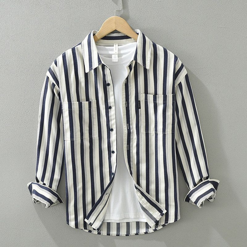 Spring and Autumn Fashion Hong Kong Style Long Sleeve Shirt Men Japanese Style Stripe Loose Leisure All-Matching Shirt Outwear Tide New Arrival
