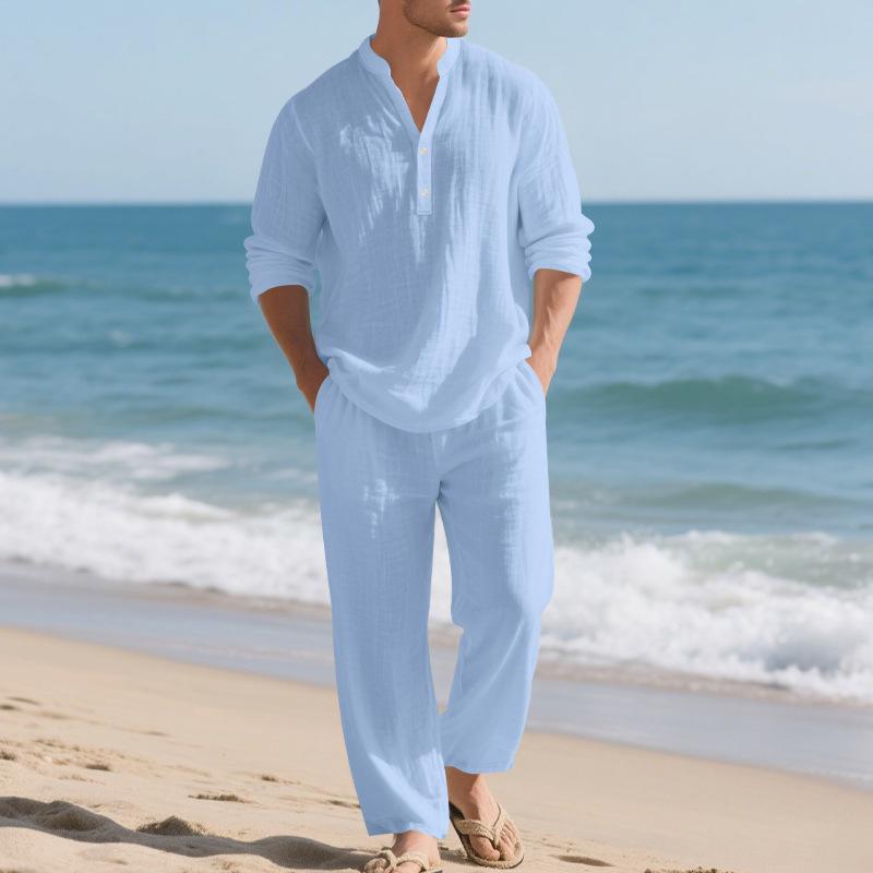 2026 Men's Casual Loose Fit Linen Sports Suit with Long Sleeves