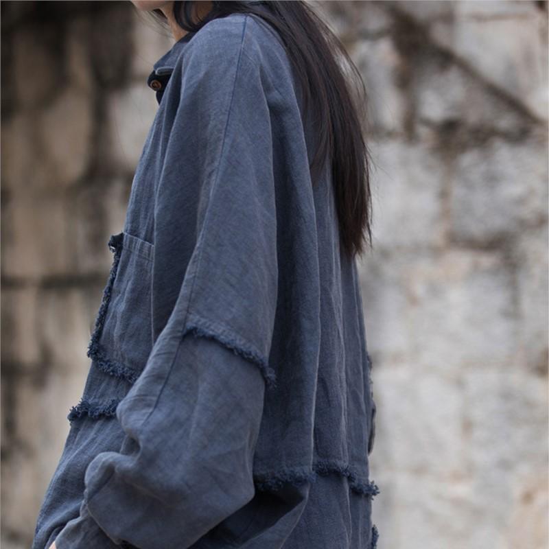 Johnature Dámské vintage patchworkové košile Jarní Ramie Kapsy na knoflíky Jednobarevné topy Volné dámské košile