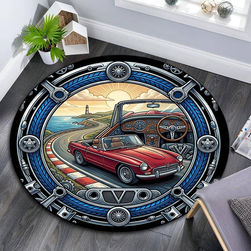 Classic Car Coastal Drive Round Area Rug Under Office Chairs Bedroom Living Room Home Decor