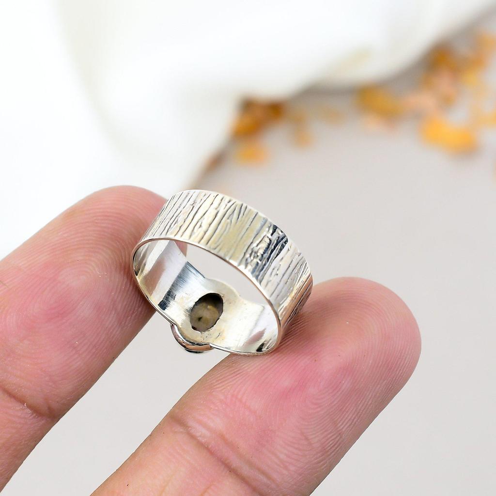 925 Sterling Silver Labradorite Gemstone Oval Shape Textured Band Ring For Women