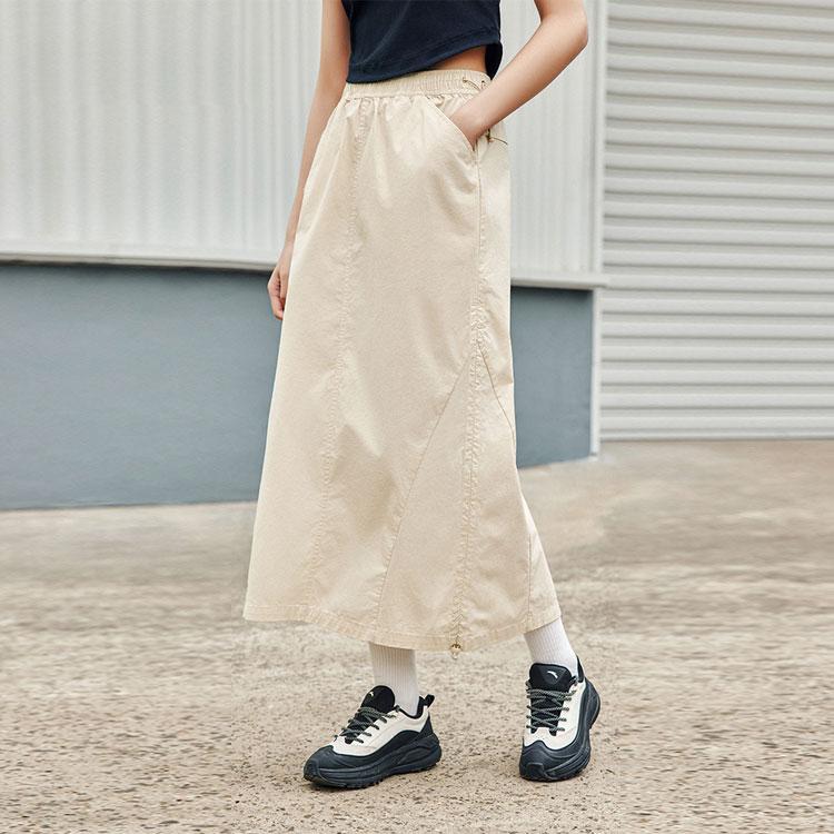 Anta Life Series Solid Color Breathable Comfortable Versatile Work Casual Long Skirt Women skirts Granule-Beige 962428206-3