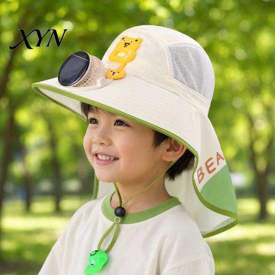 Summer Hat With Built-in Fan Kids Sun Cap with Solar Fan, Wide Brim Protection Cooling Children Neck Cover Hat, Breathable Mesh Fabric Cartoon