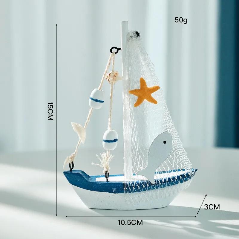 1pc Mini Mediterranean Nautical Wooden Blue Sailing Boat Wood Craft Ornament for Home & Party Decoration