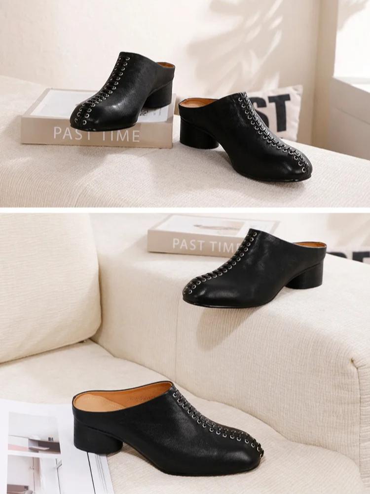 Johnature Ciabatte Moda in Vera Pelle con Tacco Grosso Punta Tonda Comode Suola Morbida Scarpe Slip-on da Donna