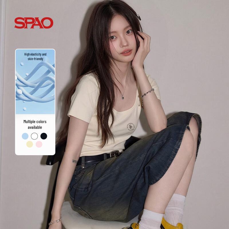 SPAO Women s Slim Fit Ribbed U-Neck Short Sleeve T-Shirt M