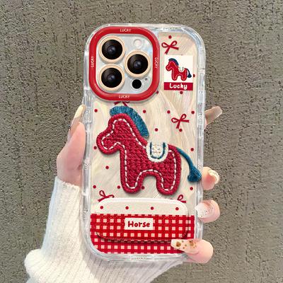Plush Pony Mirror Bracket for Apple 17promax Mobile Phone Case Iphone15 Feather Yarn Pattern 16 New Year 14