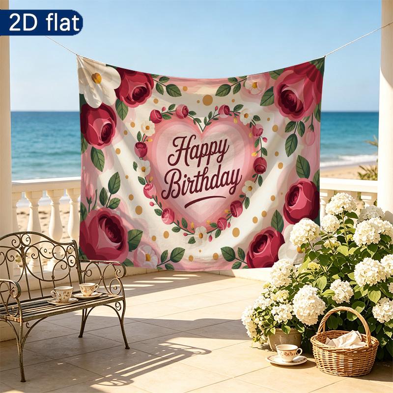 Birthday Party Roses Floral Gifts Banner, Pink Polyester Backdrop for Wall Hanging Decor