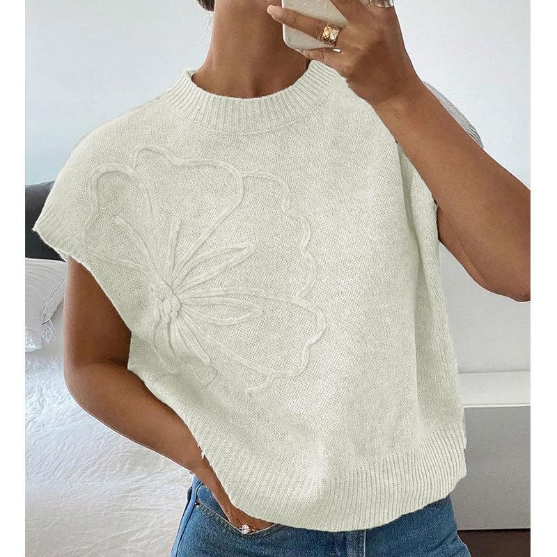New European and American Loose Women's Sweater Solid Color Knitted Embroidered Sleeveless Vest