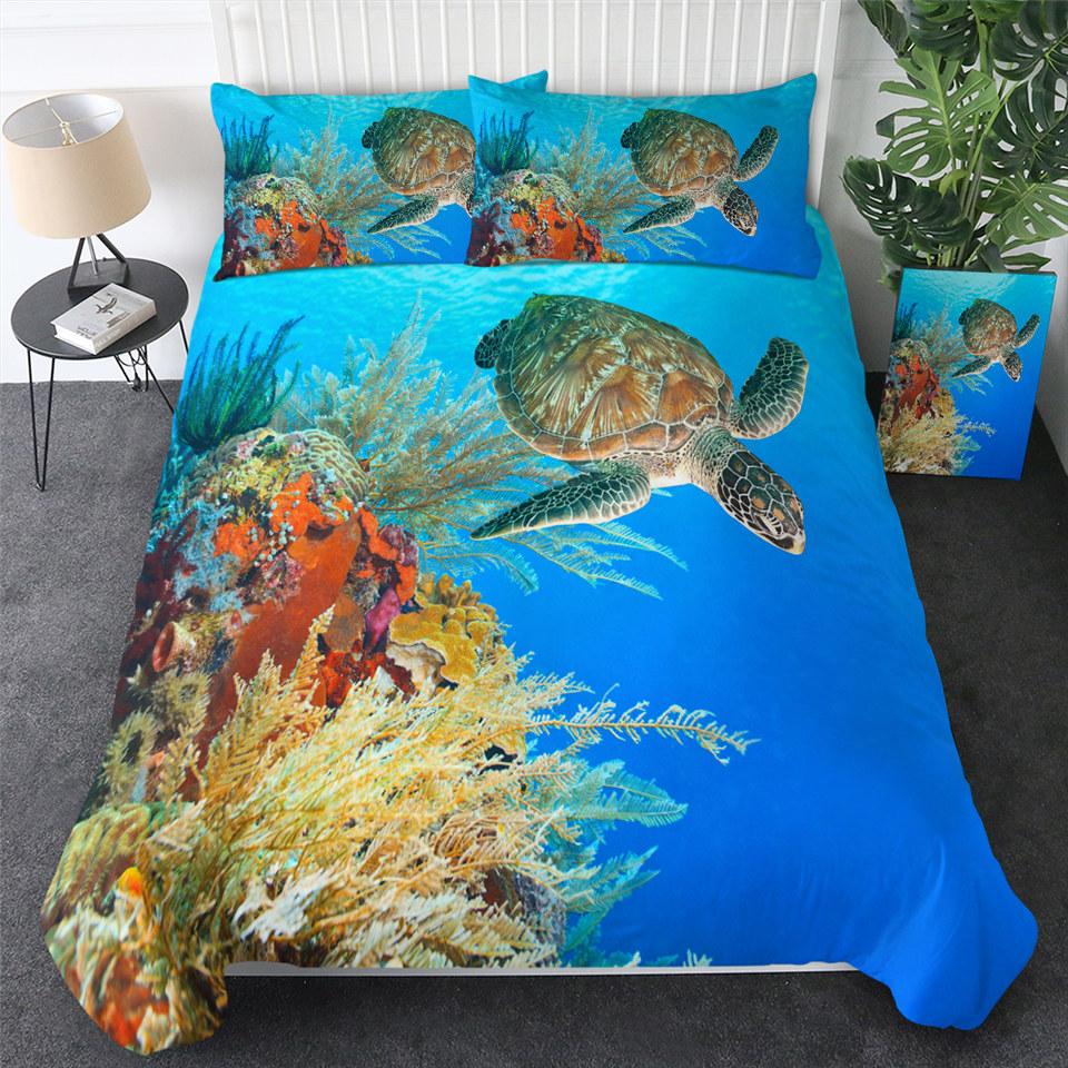 Sea Turtle Duvet Cover Set Pillow Cases Ocean Animal Turtle Bedding Set Queen King Kids Home Textiles Map Coral Soft Quilt Cover