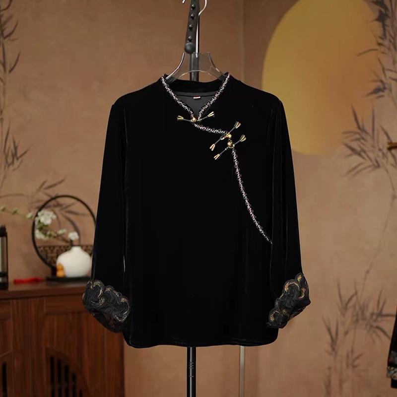 

Women s Retro Velvet Tang Suit Shirt with Frog Buttons, Stand Collar 6XL [Recommended for 75-82.5 kg]