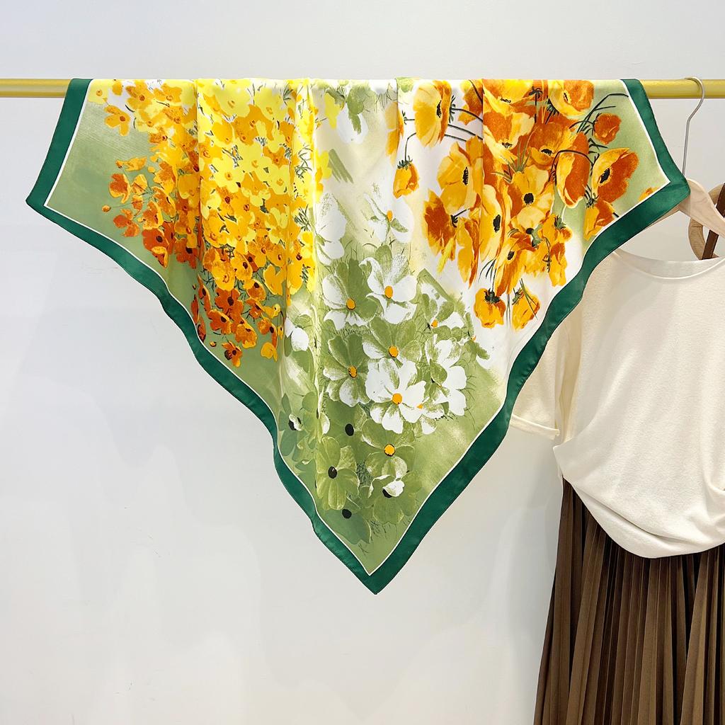 New Literary Style Oil Painting Flower Square Scarf Women's Fashion Versatile Neck Scarf Daily Commuter Decoration Silk Scarf Shawl