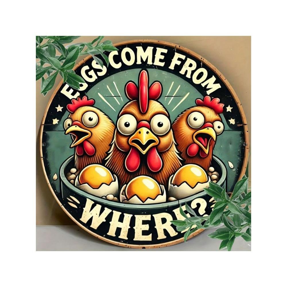 Vintage Round Metal Chicken Sign Wall Art Retro Kitchen Decor