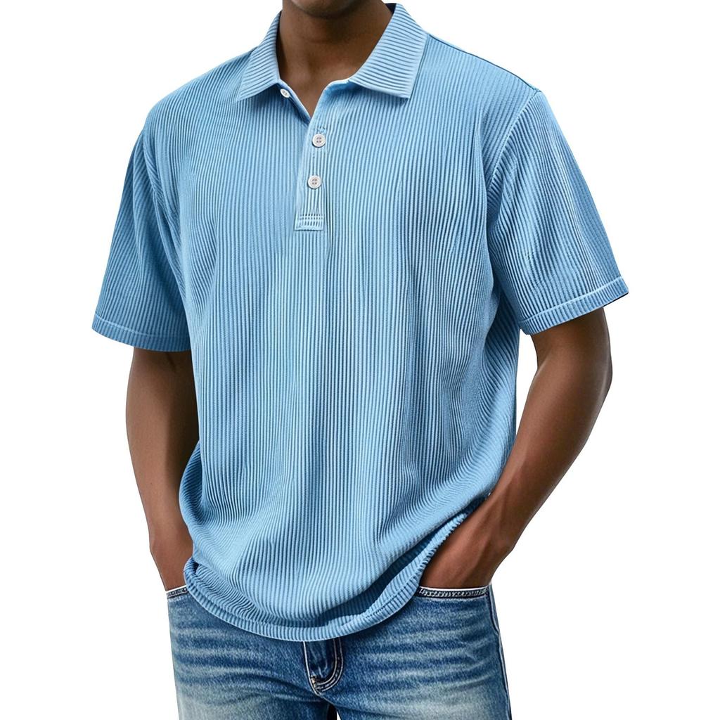 Pánské letní jednobarevné pruhované texturované volné tričko s krátkým rukávem a knoflíkovým límečkem