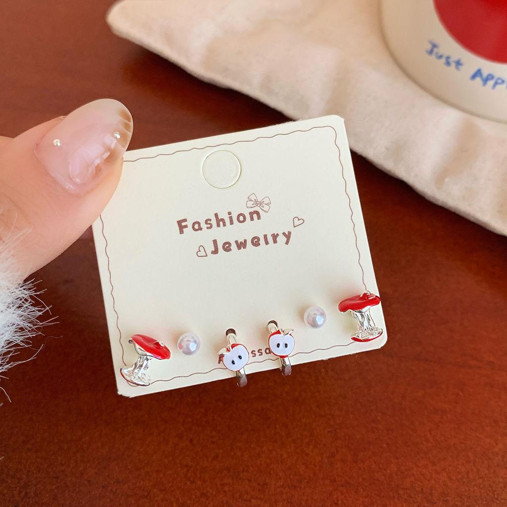 Christmas Red Apple & Cherry Stud Earrings - Women's Silver Needle Autumn/Winter Fruit Jewelry Set