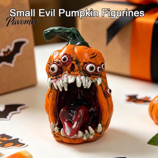Horror Pumpkin Tabletop Decor Halloween Evil Figurine, Ornament with Multi Eyes and Spooky Decorations Fangs, Demon Resin Statue for Party Decoration