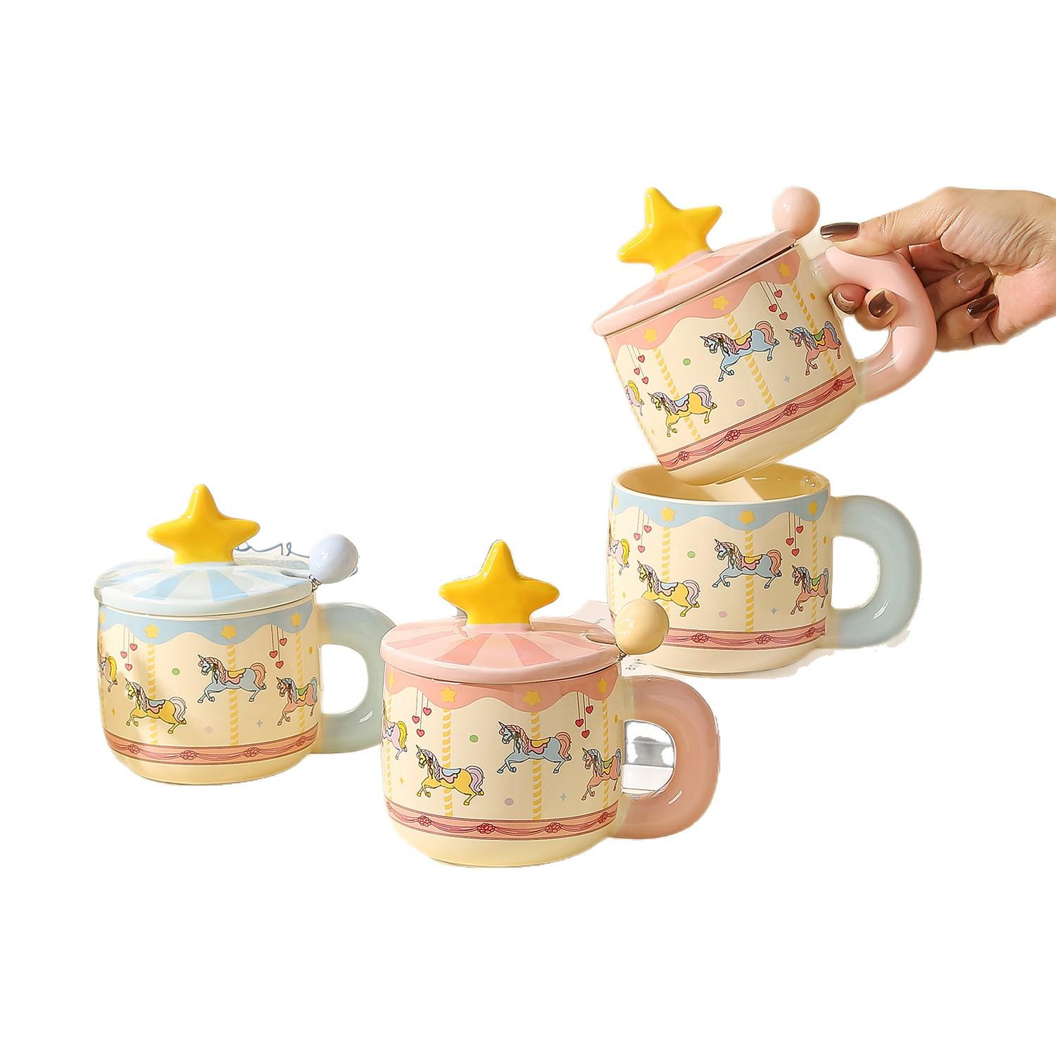 

Creative Ceramic Mug Gift Set: High-Value Water Cup Souvenir for Women Carousel Star Mug Pink [with Lid, Spoon, Gift Box]