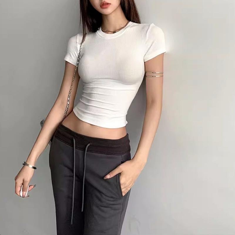 Women Round Neck Solid Ribbed High Stretch Short Sleeve Tight Fit Sexy Basic Tee Figure Flattering Casual Layering Top