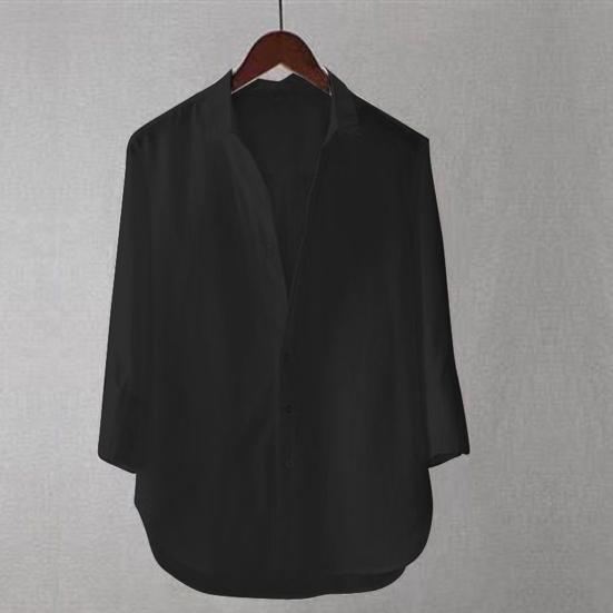 Męska koszula ze stójką, casualowa, w jednolitym kolorze, zapinana na guziki, z mieszanki bawełny, z długim rękawem, do biura, na ulicę