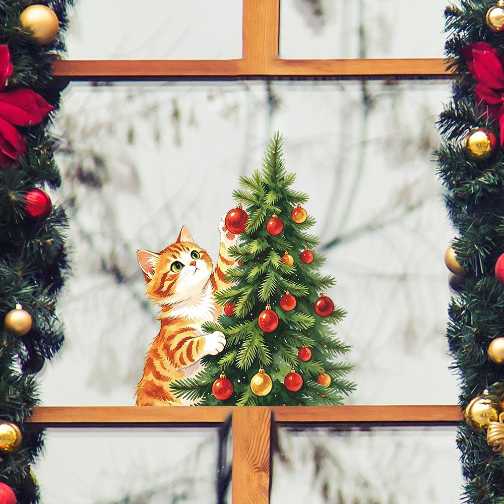 Cartoon Painted Cat Christmas Tree Glass Window Home Decoration and Beautification Window Stickers