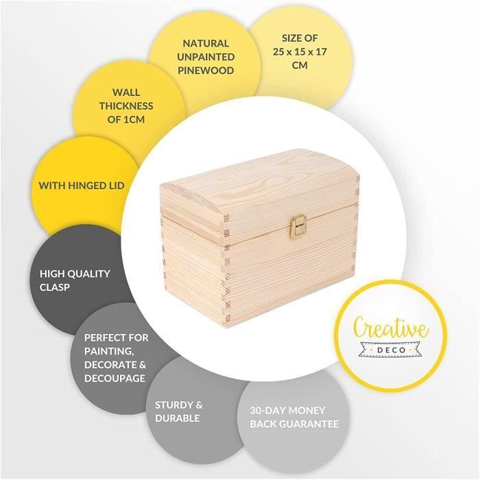 Coffre Boîte de Rangement - Creative Deco - Grande - Bois Non Peint - 25x15x17 cm - Fermoir Courbé